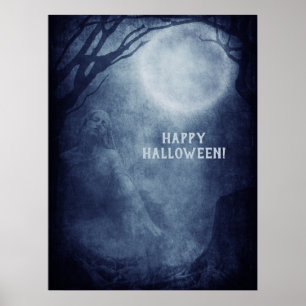 Affiche Pleine lune fantôme d'Halloween éffrayant en soiré