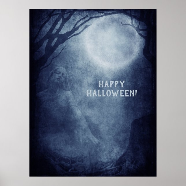 Affiche Pleine lune fantôme d'Halloween éffrayant en soiré (Devant)