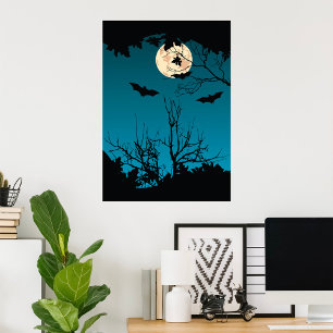 Affiche Pleine lune nocturne d'Halloween éffrayante et cha