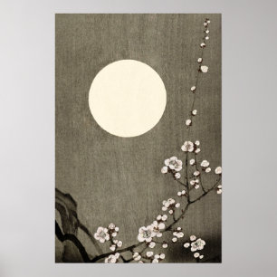 Affiche Pleine lune noire blanche Cherry Blossom Art
