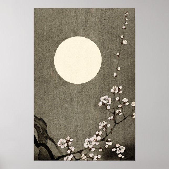 Affiche Pleine lune noire blanche Cherry Blossom Art (Devant)
