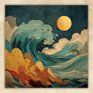 Affiche Pleine Lune Océan Vagues – Plage Côtière Abstraite