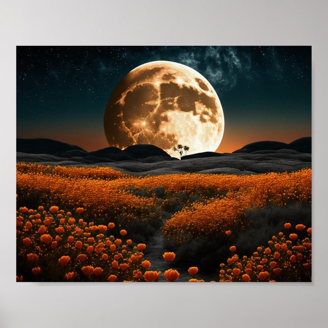 Affiche Pleine lune Orange Champ de Fleurs (Devant)