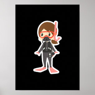 Affiche Plongée J'Aime Snorkeling nage fille enfants