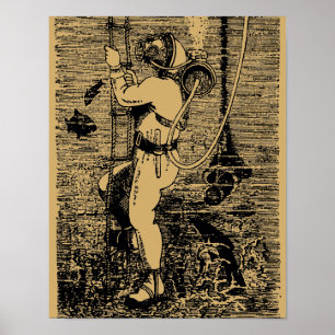 Affiche Plongeur de mer profonde vintage Steampunk
