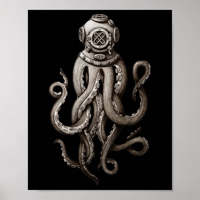 Affiche Plongeurs en mer profonde vintage Cthulhu Octopus (Devant)