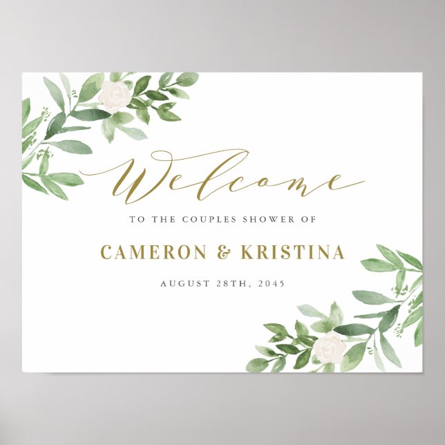 Affiche Pluie de Mariage Couple Vert et Fleurs Blanches Or (Devant)