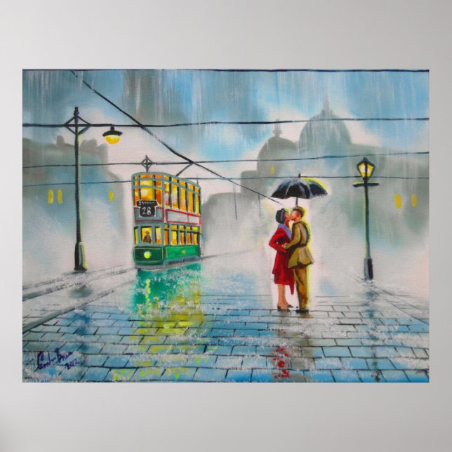 Affiche pluie jour romantique couple parapluie tram peintu (Devant)
