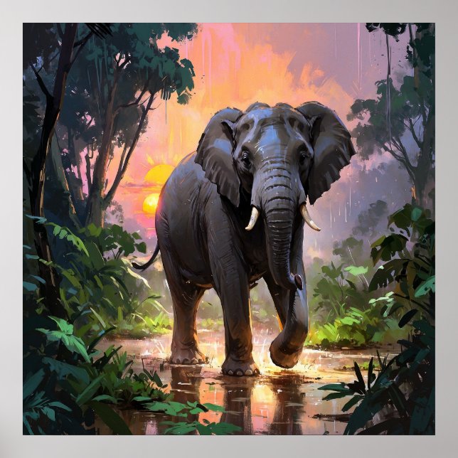 Affiche Pluie vive et peinture d'éléphant au coucher du so (Devant)