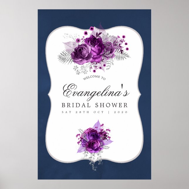 Affiche Plum and Navy Floral Bridal Shower Welcome (Devant)