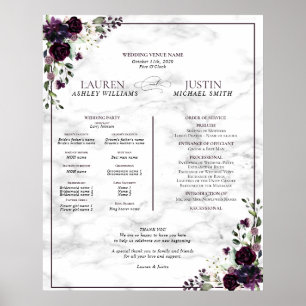 Affiche Plum Purple Floral Marbre Programme de mariage Pos