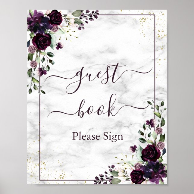 Affiche Plum Purple Gold Floral Marble Guest Book Sign (Devant)