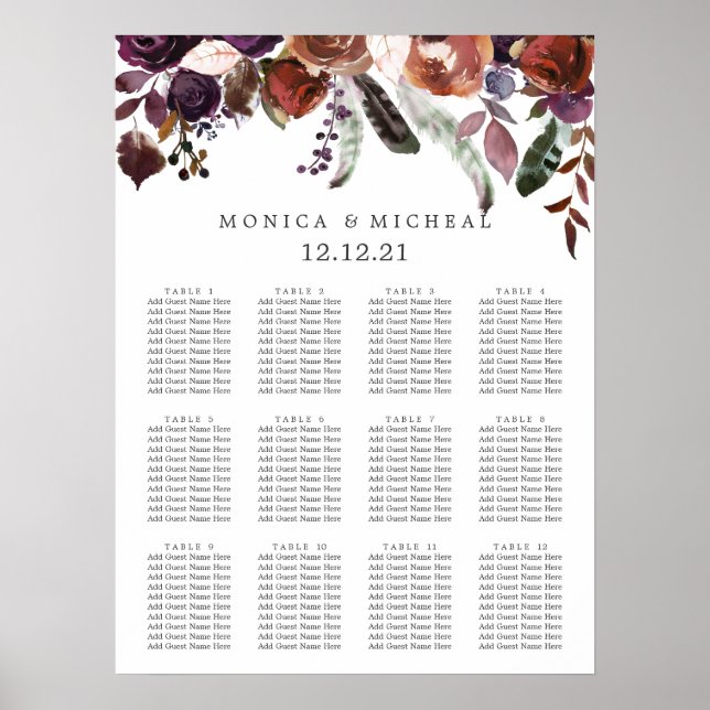 Affiche Plum rustique | Plan Mariage en plumes de fleurs (Devant)