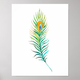 Affiche Plume de paon à l'aquarelle verte