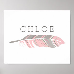 Affiche Plume Rustique   Nom Personnalisé Murale Rose