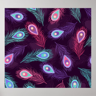 Affiche Plumes de paon : Main Tirée Vintage.
