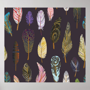 Affiche Plumes d'oiseaux colorées Motif d'aquarelle