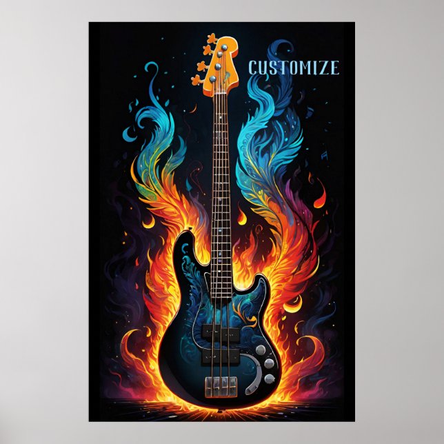 Affiche Plumes Et Flammes Basse Électrique Guitare (Devant)