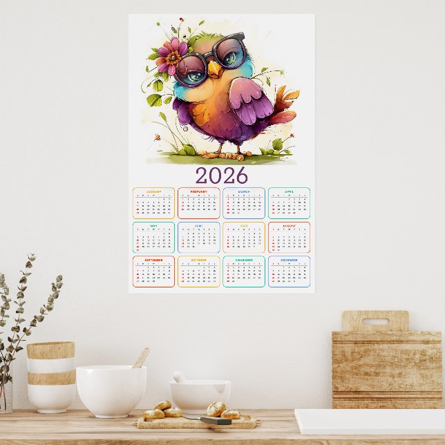 Affiche Plumes & Fleurs : Calendrier 2026 de la chouette (Cuisine)