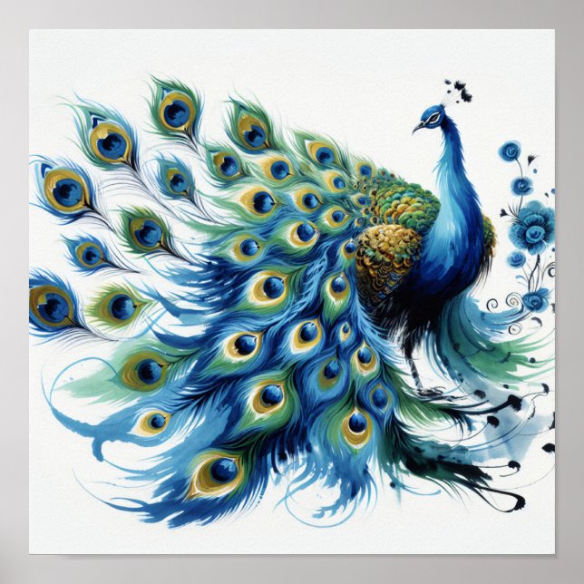 Affiche Plumes majestueuses : Art numérique Peacock bleu (Devant)