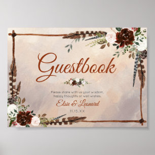 Affiche Plumes rustiques de bois et fleurs florales