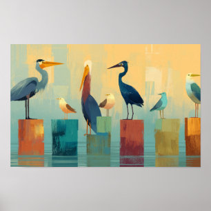 Affiche Plusieurs oiseaux de mer perchés sur des pieux