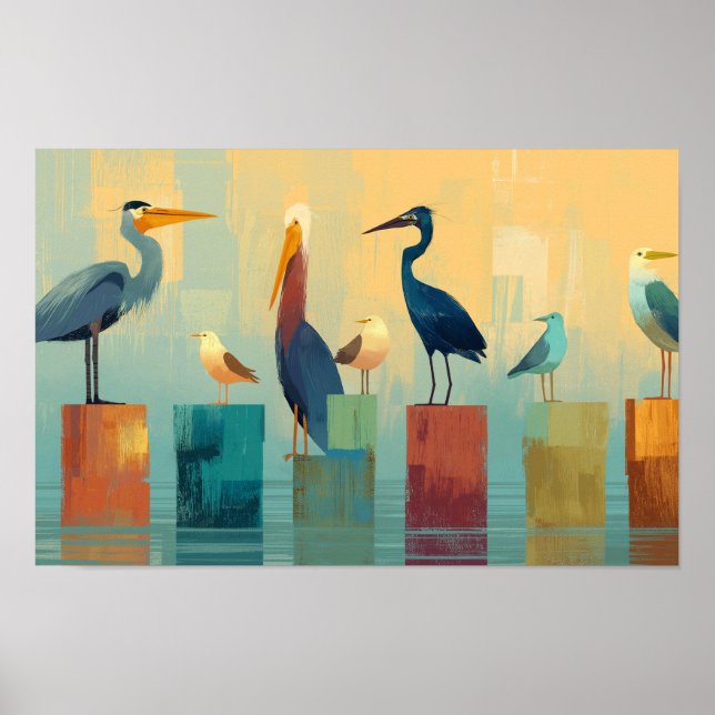Affiche Plusieurs oiseaux de mer perchés sur des pieux (Devant)