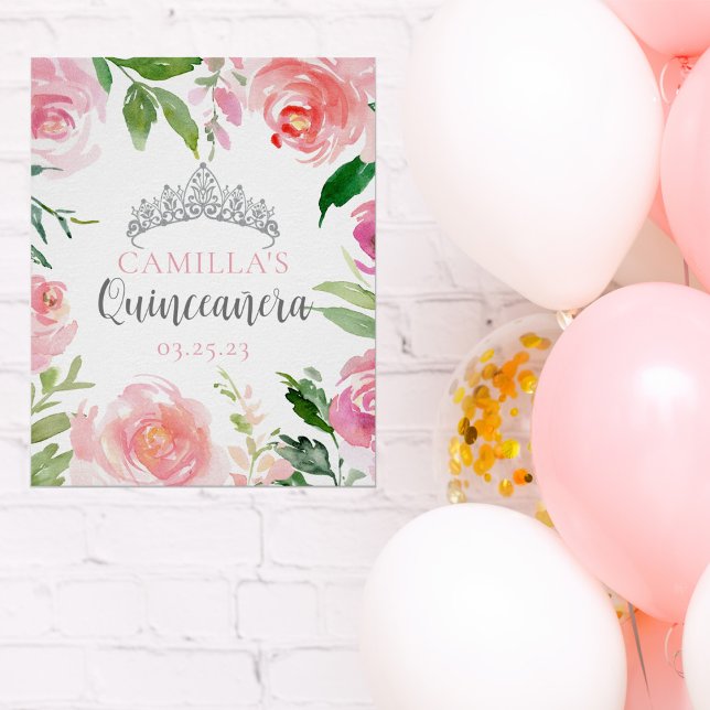Affiche Plutôt rose Floral Quinceañera Silver Tiara Party (Créateur téléchargé)
