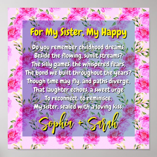 Affiche Poème Cadeau pour ma soeur & Fleurs roses | Souven (Devant)