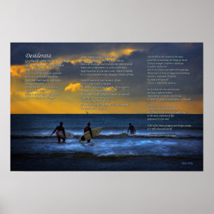 Affiche Poème de Desiderata sur le surf au coucher du sole