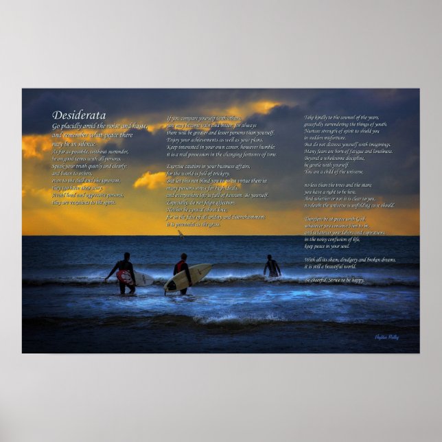 Affiche Poème de Desiderata sur le surf au coucher du sole (Devant)
