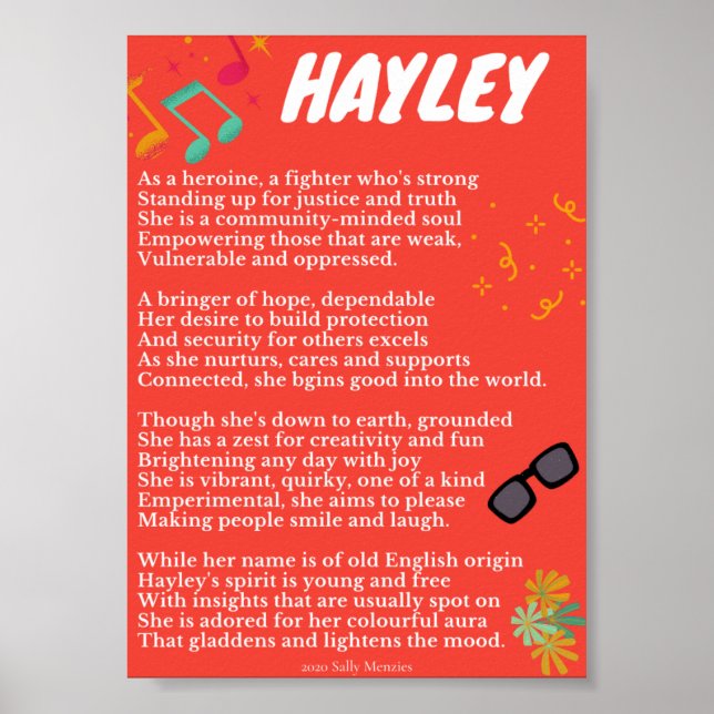 Affiche Poème de nom "Hayley" (Devant)