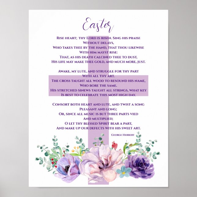 Affiche Poème de Pâques Chrétien Fleurs pourpres & Croix (Devant)