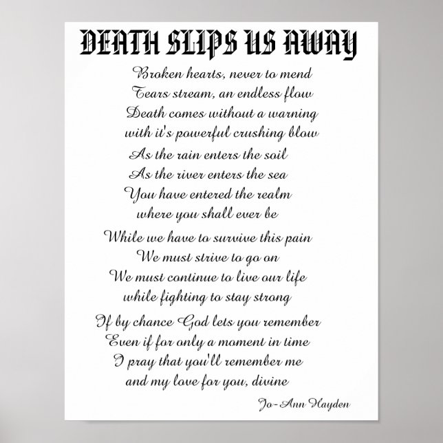 Affiche poème DEATH SLIPS US AWAY (Devant)