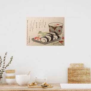 Affiche Poème japonais antique imprimé en bois Sushi Sake