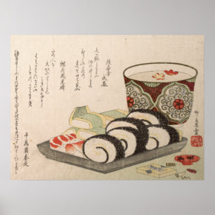 Affiche Poème japonais antique imprimé en bois Sushi Sake