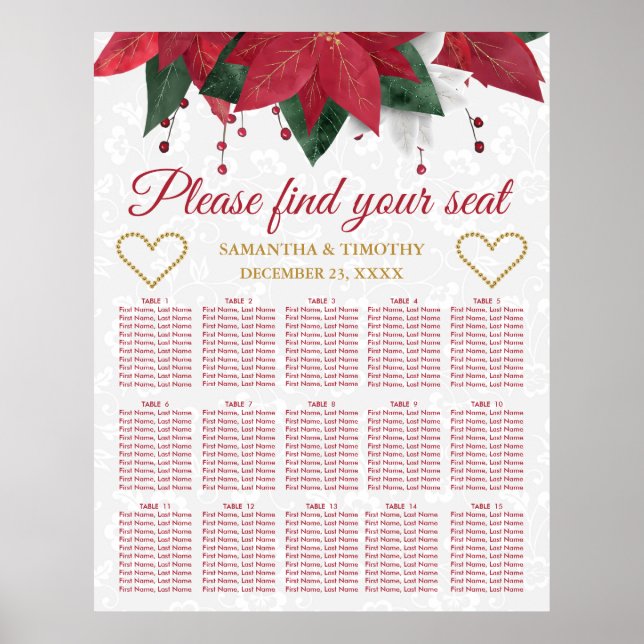 Affiche Poinsettia Christmas Winter Wedding Seating Chart (Devant)