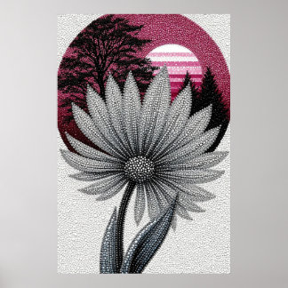 Affiche Pointillisme Daisy avec coucher de soleil rose et