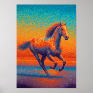 Affiche Pointillisme de cheval en course sur la plage au c