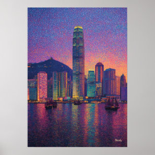 Affiche Pointillisme de la ville de Hong Kong au coucher d