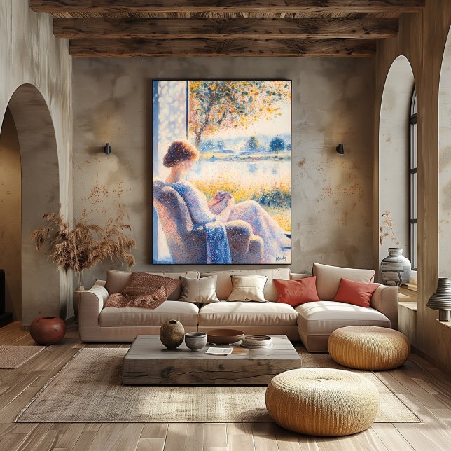 Affiche Pointillisme Femme par fenêtre avec vue éclairée (Créateur téléchargé)