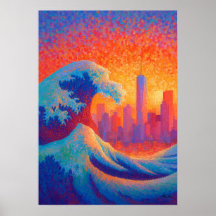 Affiche Pointillisme Vague Océanique Silhouette de New Yor