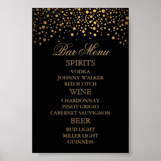 Affiche Points Confetti Or Élégants | Menu noir - Barre (Devant)