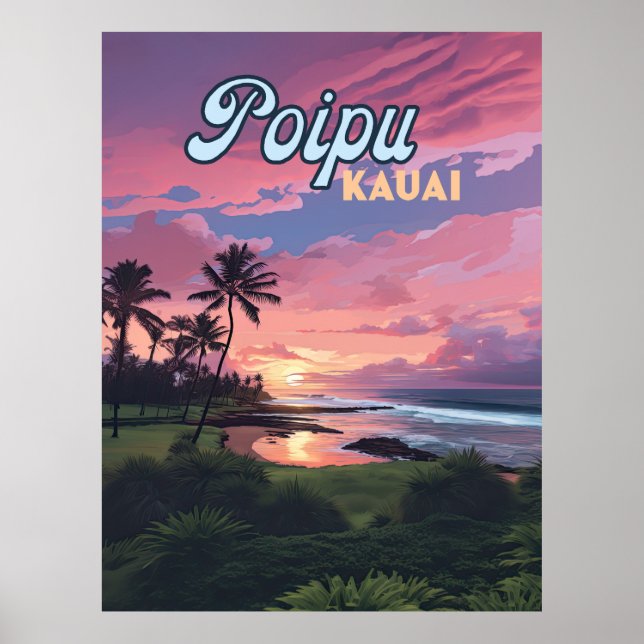 Affiche Poipu Kauai Hawaii Plage Palmiers Rétro (Devant)