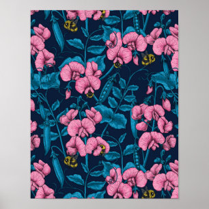 Affiche Pois doux et bourdons, rose et bleu