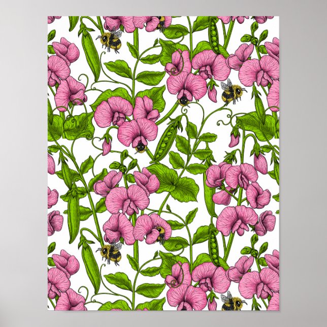 Affiche Pois doux et bourdons, rose, vert et blanc (Devant)