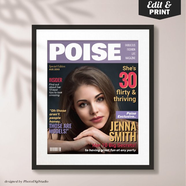 Affiche Poise Magazine Couverture Modèle 30e anniversaire  (Custom Poise Magazine Cover Template, Thirty Flirty & Thriving 30th Birthday Poster Gift )