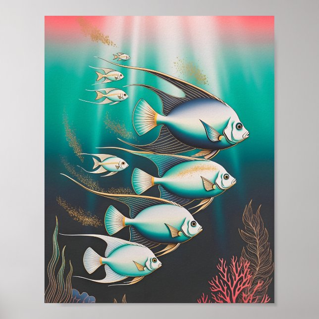 Affiche Poisson-ange élégant nageant dans l'océan profond (Devant)