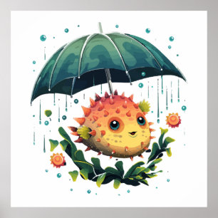 Affiche Poisson ballon journée pluvieuse avec parapluie