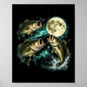Affiche Poisson bass hurle à la lune pêcheur vintage